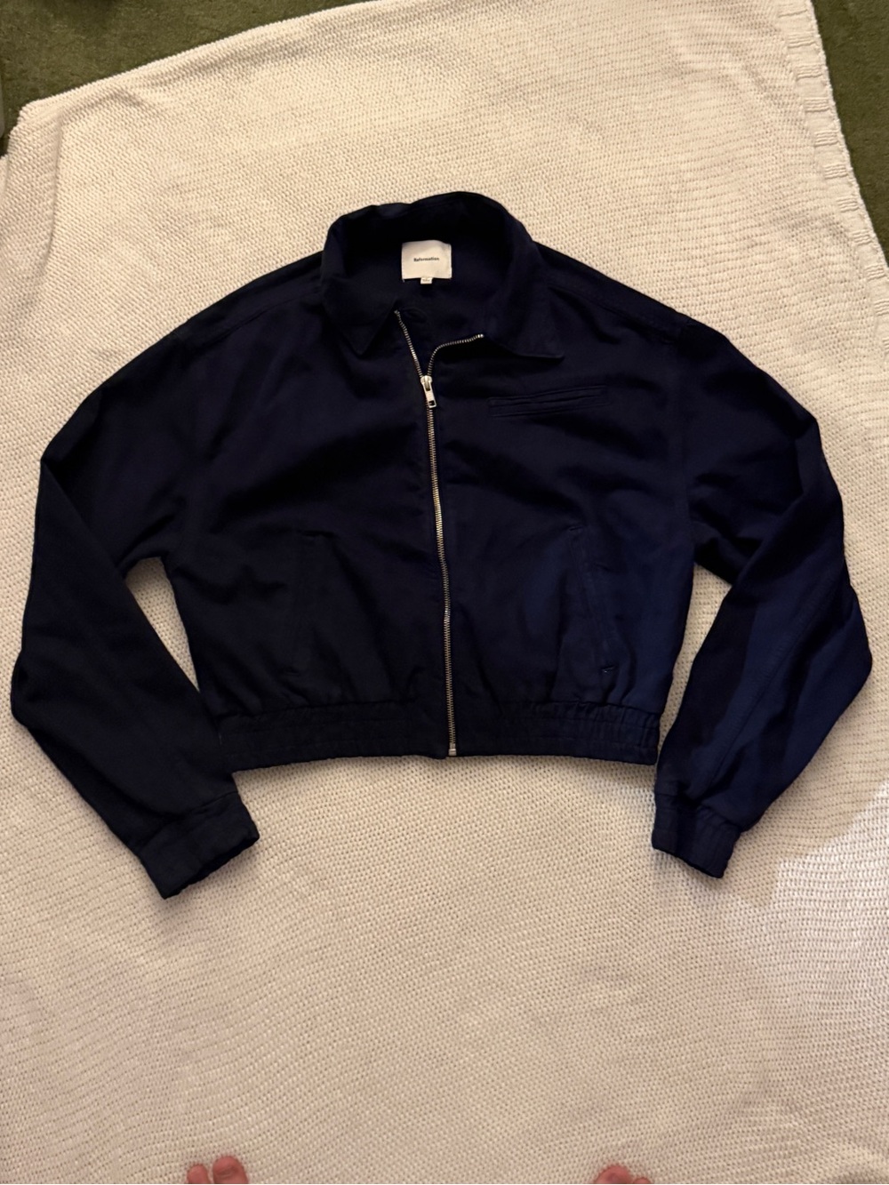 Reformation Navy Kinsley Denim Crop Bomber Jacket